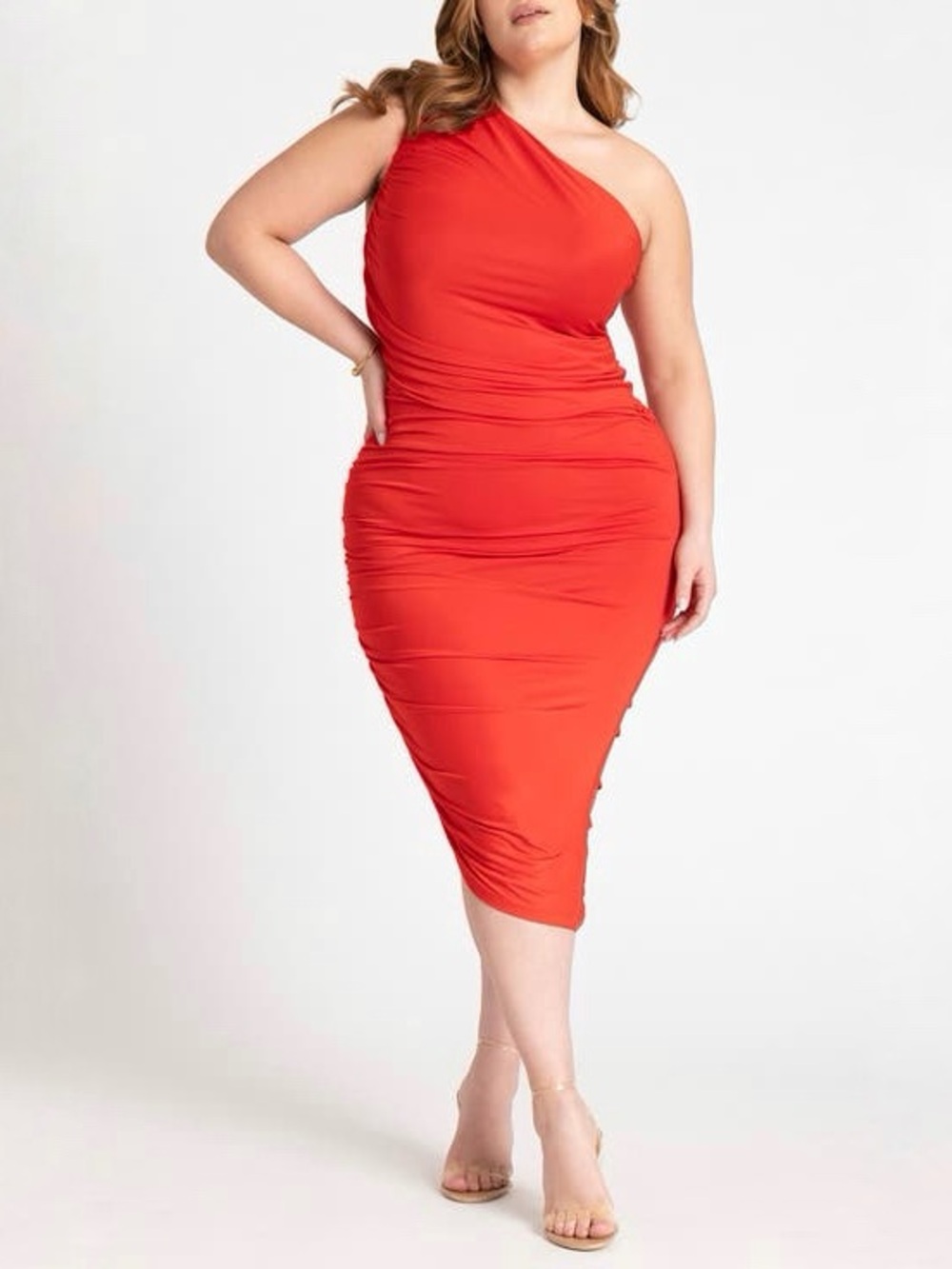 NWT ELOQUII Red One Shoulder Midi Dress Ruched Tight Midi Plus 22 Scarlet Cherry
